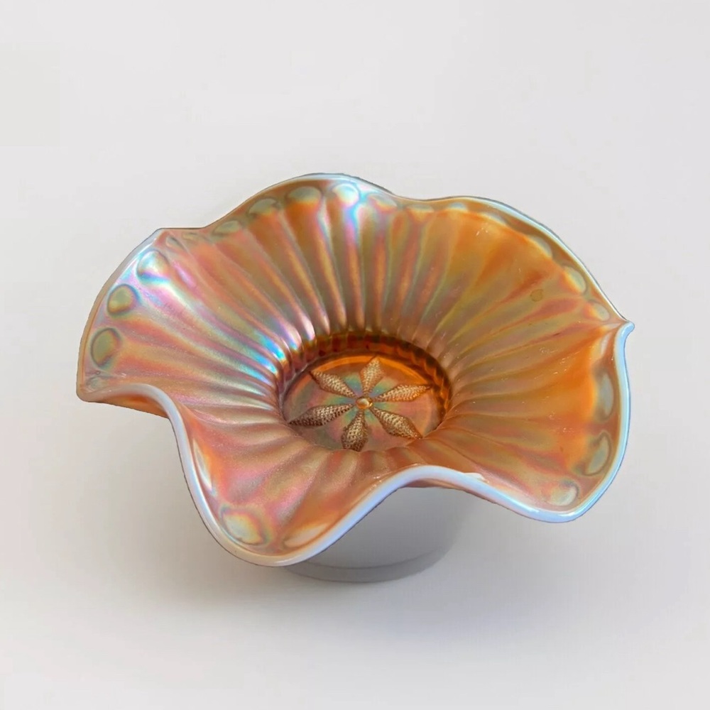 Antique Dungan Opal Peach Carnival Glass Marigold Candy Dish Pattern